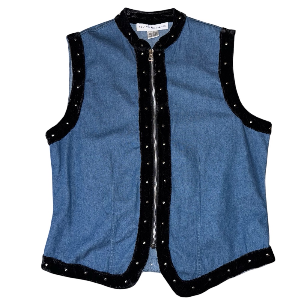 Ellen Richman Vintage Western Vest With Studs Zip Up Women’s Small Blue Black